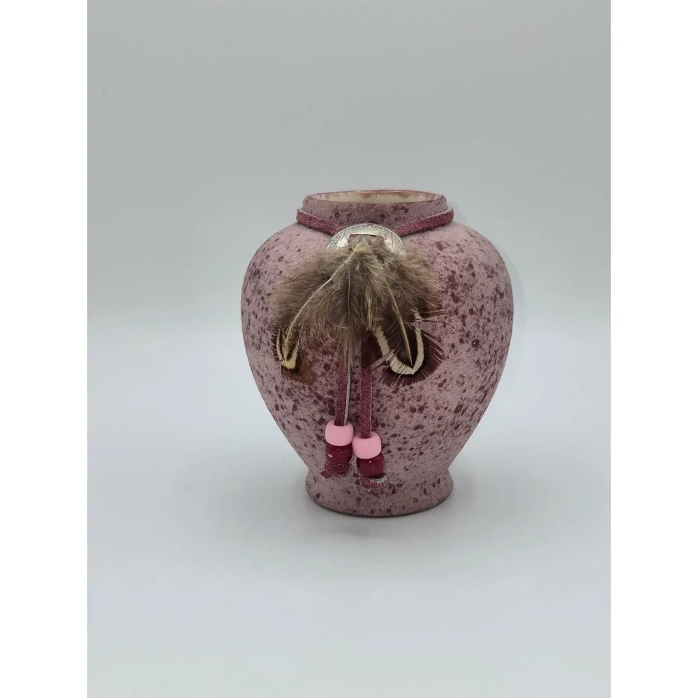 Studio Pottery Vase Signed Pink Speckled Glaze Feather Charm Southwest Style 4